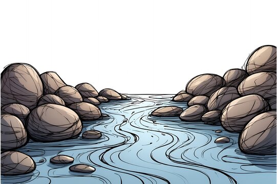 Illustration showing stones and flowing river water landscape for nature design project.
