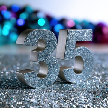 Glittering silver decorative numbers displaying thirty-five on a sparkling blue and purple festive background for celebratory occasions and milestones