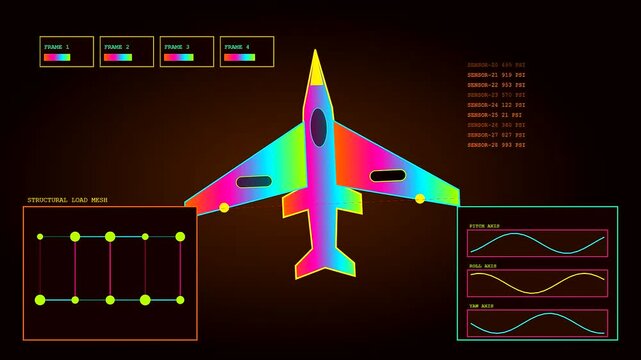 Displaying defence telemetry for an aircraft structural stress analysis simulation on a digital monitoring screen showing shifting color gradients and wave patterns during testing procedures