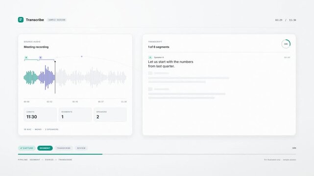 Audio transcription app interface with speaker waveform and live transcript text appearing