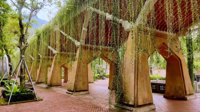 Scenic Vine-Covered Arched Walkway in the Gardens of Ba Na Hills Da Nang Vietnam