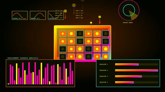 A digital defence telemetry interface displays glowing modular grids with vibrating frequency curves and flickering data analysis charts in a vibrant dark cyberspace simulation environment setup