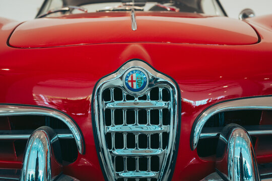 Caramulo, Viseu, Portugal &ndash; September 04, 2026: Close-up of a Classic Red Alfa Romeo Front Grille at Caramulo