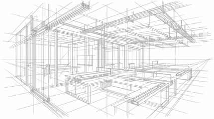 Fototapeta premium Open-concept office floor plan illustration features multiple workstations, glass partitions, and exposed ceiling infrastructure in a wide perspective.