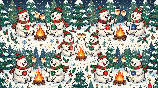 quirky cartoon style christmas wrapping paper pattern featuring goofy polar bears holding tiny warm coffee mugs and roasting giant marshmallows over small campfires in a snowy forest