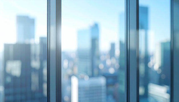 Modern office window overlooking a blurred cityscape with tall skyscrapers during a bright sunny day in a busy urban environment