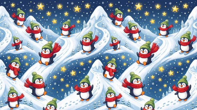 playful cartoon style christmas wrapping paper pattern showing dancing penguins wearing oversized red scarves and fuzzy green hats sliding down snowy mountains under bright yellow stars