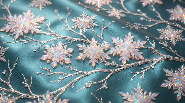 luxurious three dimensional christmas wrapping paper pattern highlighting glowing opal snowflakes resting on metallic silver birch branches with frosty diamond dew on soft teal satin
