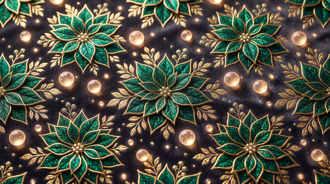 luxurious three dimensional christmas wrapping paper pattern of sparkling emerald poinsettias trimmed in bright gold foil with floating glowing orbs on a smooth charcoal velvet base