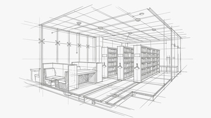 Fototapeta premium Architectural sketch illustrates a modern library interior featuring booth seating, tables, and book-lined shelves within a glass-walled space, showcasing an open-plan design.