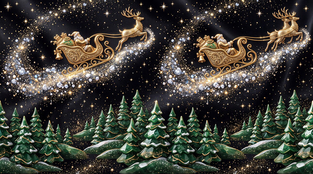 luxurious three dimensional christmas wrapping paper pattern featuring golden sleighs flying through swirling diamond dust clouds over polished jade trees on a smooth black silk base
