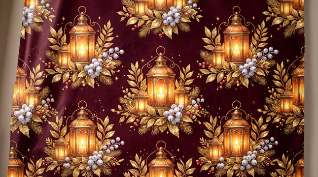 luxurious three dimensional christmas wrapping paper pattern of glowing amber lanterns surrounded by shimmering gold leaves and frosty white berries against a rich maroon background