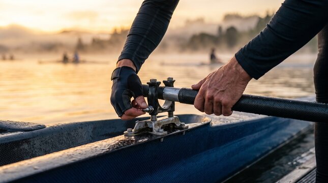 Close-up of a rower's hands adjusting the oarlock on a sleek rowing boat, preparing for a race on a misty morning with other boats in the distance.