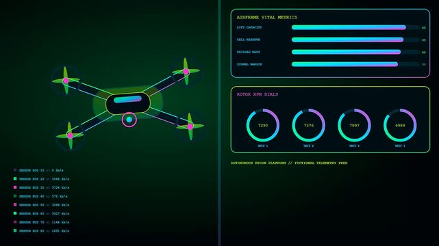 Digital displays showing defence telemetry data with drone sensor interface movement animations in a dark interface panel style for military observation and tactical monitoring software applications