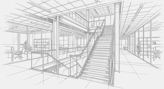 Architectural sketch illustrates a multi-level office interior with prominent staircases, open-plan workspaces, and visible structural elements.