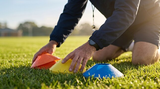 A coach arranges colorful training cones on a grassy field during a sunny day, preparing for an athletic practice.