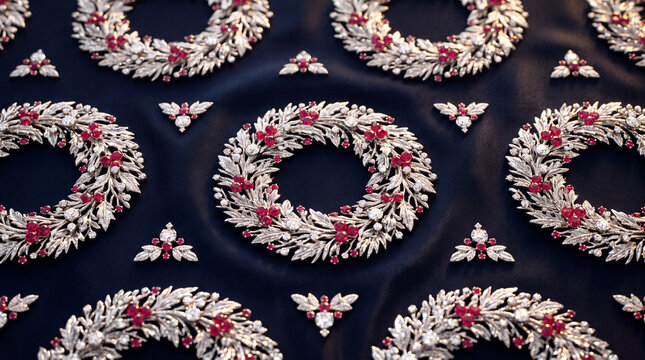 luxurious three dimensional christmas wrapping paper pattern displaying sculpted platinum wreaths adorned with twinkling diamonds and ruby berries against a dark midnight silk canvas
