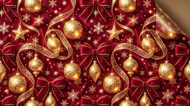 luxurious three dimensional christmas wrapping paper pattern with glowing golden ornaments shimmering metallic ribbons floating snowflakes and velvet bows over a rich crimson texture