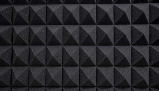 Acoustic foam panel texture featuring repeating pyramid shapes in dark gray color for professional recording studio sound insulation background