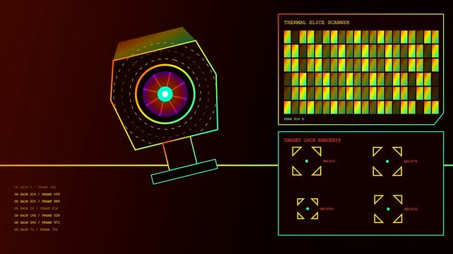 A sophisticated display of defence telemetry shows rotating sensors with thermal heat maps and digital tracking brackets tracking target motion across multiple modular screen windows during operation