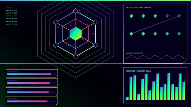 the complex digital defence telemetry displays flickering neon graphic panels with interconnected node charts and vertical progress bars showing abstract network traffic monitoring system activity