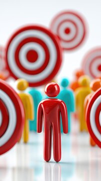 Red figure standing boldly among colorful figures with multiple red and white target boards symbolizing focus and goal achievement in business concept
