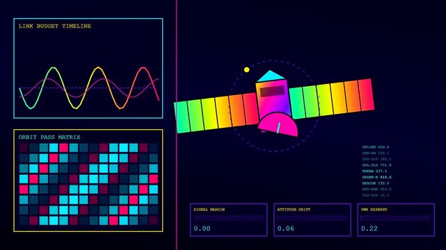 Monitoring defence telemetry data streams with satellite orientation shifts and orbital grid analysis in a glowing digital interface designed for modern deep space tracking operations management