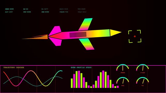 Three moving projectiles tracked by defence telemetry systems in a digital interface displaying color gradient speed metrics and fluctuating waveform data graphs on a dark screen