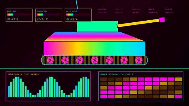 Digital defence telemetry interface shows evolving tank schematics with fluctuating sensor levels and color coded data metrics displayed across a dark vibrant virtual monitoring screen display