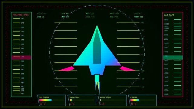 a defence telemetry interface displays flight metrics on a triple monitor setup showing changing altitude speed and engine thrust levels within a tactical digital simulation