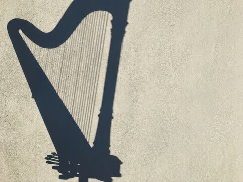 Harp shadow on sunlit wall with elegant string pattern and abstract light