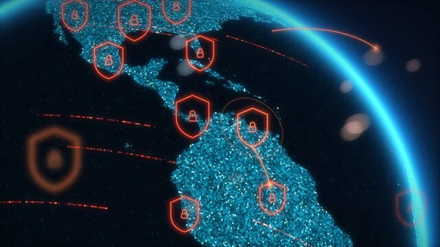 Digital earth close up with red padlock shield icons protecting regions from cyber attack