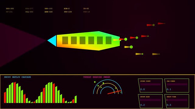 Military defence telemetry interface monitors digital signals as tactical icons shift across a dark computer screen displaying complex analytical data points within a simulation software environment
