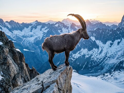 Ibex standing on rocky peak with snowy alpine mountains at sunrise