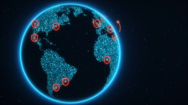 Cyber attack spreading across digital globe as blue earth turns red with breach hotspots