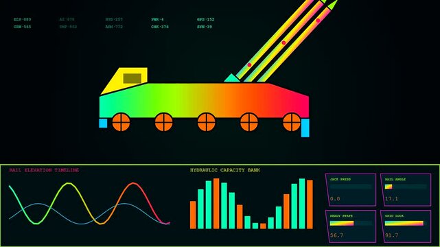 Monitoring defence telemetry on a digital dashboard showing animated military artillery vectors with fluctuating wave graphs and colorful bar charts for tactical status and weapon system analysis