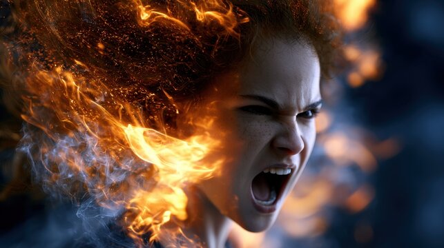 Dramatic portrait of a fierce woman with fiery hair engulfed in flames expressing intense emotion against dark smoky background
