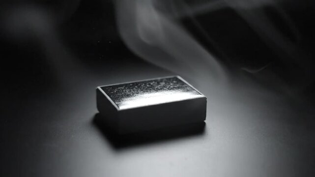 Mysterious cinematic scene of a small black box releasing smoke on a dark surface