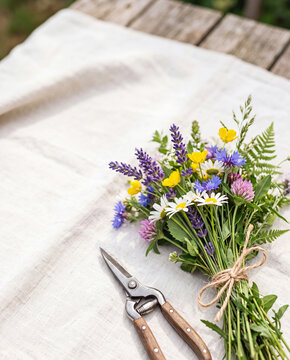 Wildflower bouquet with lavender and garden shears on outdoor table