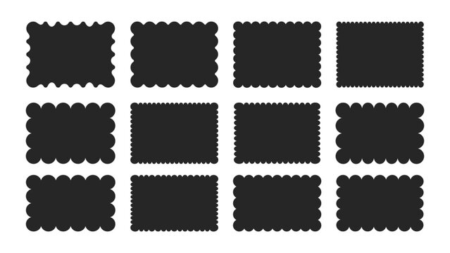 Twelve rectangular shapes with various scalloped and wavy edges in solid black silhouette style isolated on a white background for