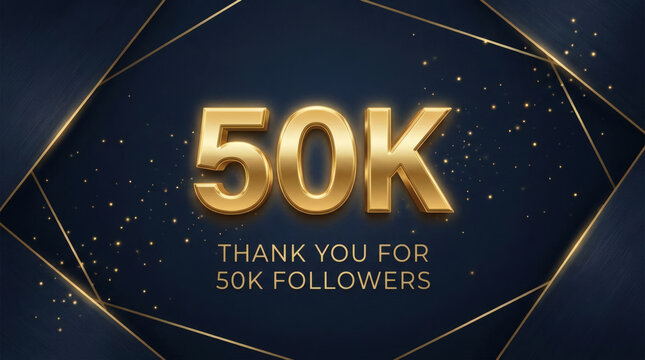 Golden 50K Followers Celebration Banner With Luxury Dark Blue Background and Sparkling Confetti