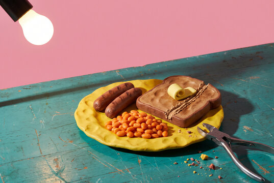 Clay Breakfast Still Life with Playful Food Sculpture on Turquoise Table