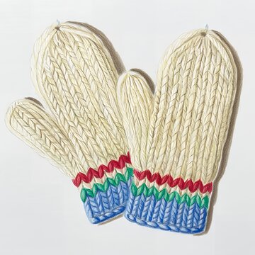 Pair of knitted woolen mittens in cream color with red green and blue patterned cuffs view.