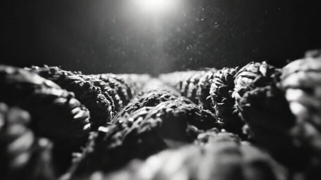 Low angle black and white shot of a thick rope with light shining through the air
