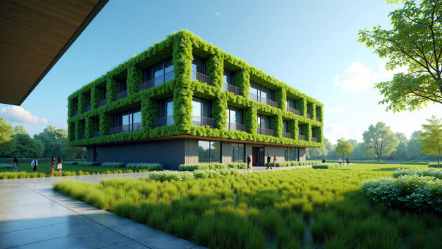Modern Office Building With Green Walls And Blue Sky