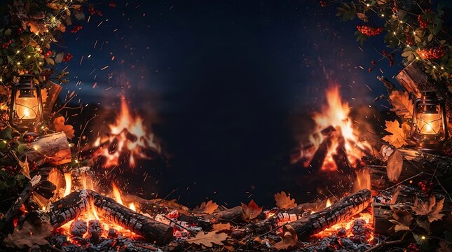 Bonfire Night celebration bordered design template with glowing cozy campfire flames