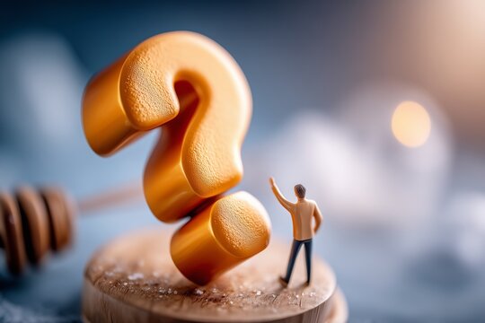 Isometric view of a large glossy orange exclamation mark with a tiny figure beside it, warning and alert concept, 3D illustration