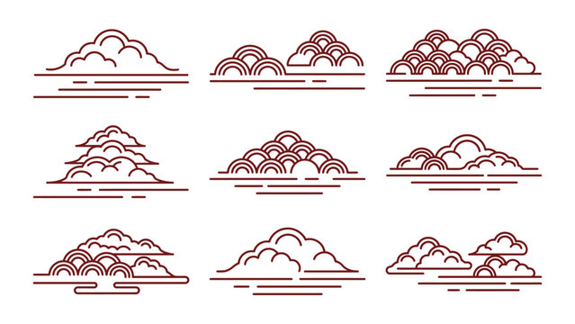 Set of nine traditional asian style cloud with linear patterns and horizontal lines on a white background, for decorative
