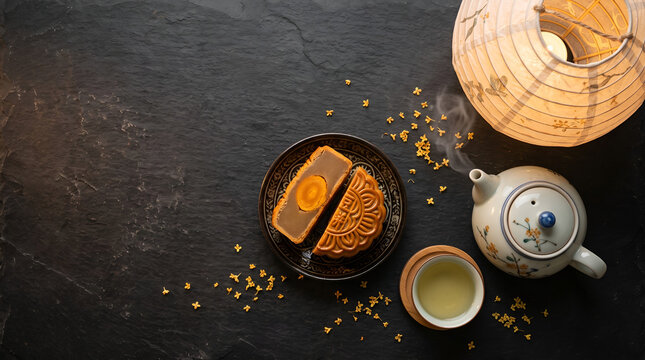 Traditional Salted Egg Yolk Mooncake with Tea and Paper Lantern