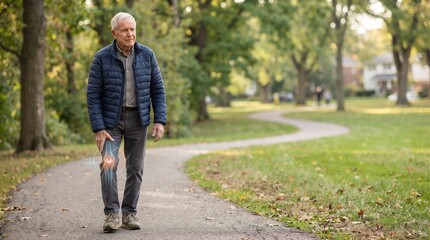 Obraz premium Senior Man Suffering From Knee Joint Pain While Walking Along Pathway in Autumn Park